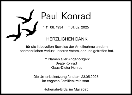 Traueranzeige von Paul Konrad von Wetzlarer Neue Zeitung
