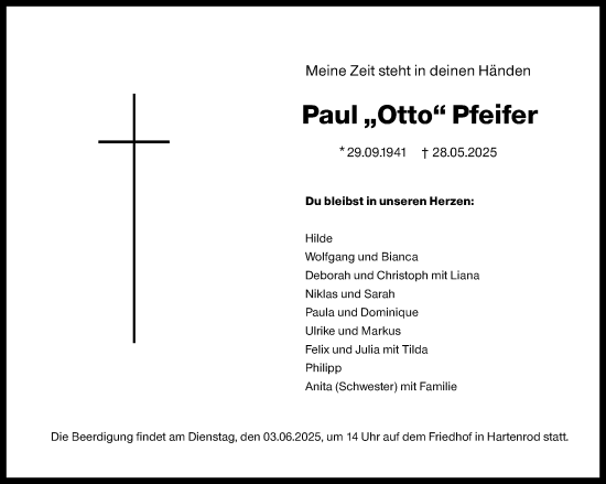 Traueranzeige von Paul Pfeifer von Hinterländer Anzeiger