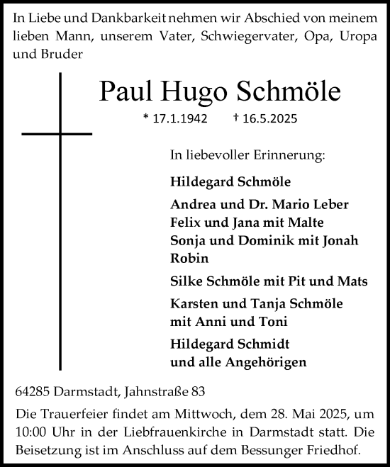 Traueranzeige von Paul Hugo Schmöle von Darmstädter Echo