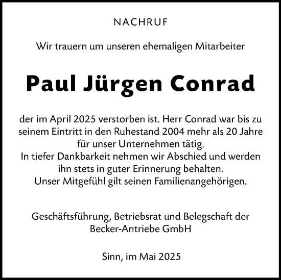 Traueranzeige von Paul Jürgen Conrad von Dill Block