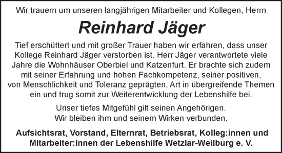 Traueranzeige von Reinhard Jäger von Weilburger Tageblatt