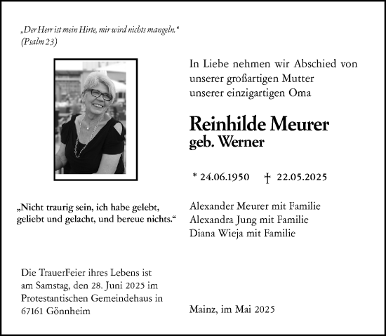 Traueranzeige von Reinhilde Meurer von Allgemeine Zeitung Mainz
