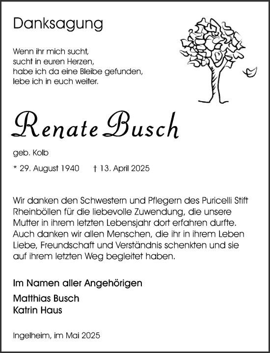 Traueranzeige von Renate Busch von Allgemeine Zeitung Rheinhessen-Nahe