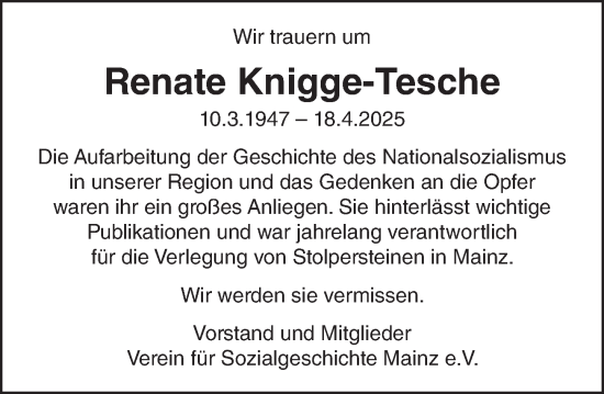 Traueranzeige von Renate Knigge-Tesche von Allgemeine Zeitung Mainz