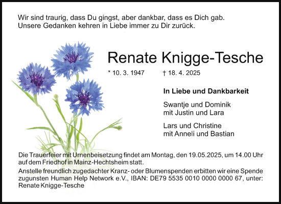 Traueranzeige von Renate Knigge-Tesche von Allgemeine Zeitung Mainz