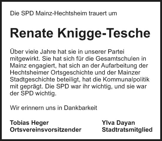 Traueranzeige von Renate Knigge-Tesche von Allgemeine Zeitung Mainz