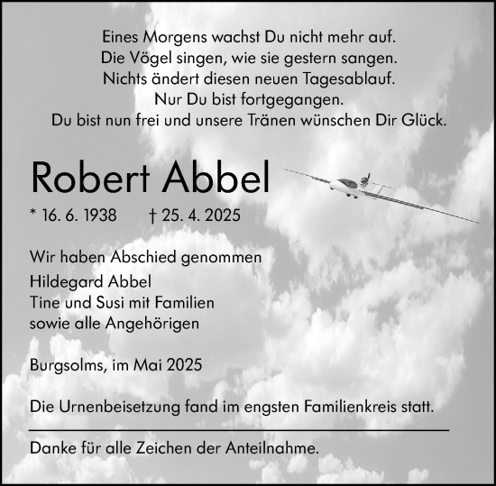 Traueranzeige von Robert Abbel von Wetzlarer Neue Zeitung