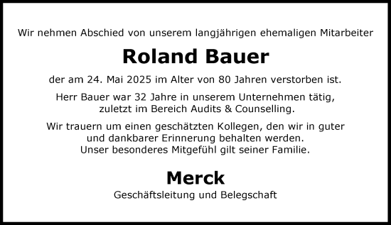 Traueranzeige von Roland Bauer von Darmstädter Echo