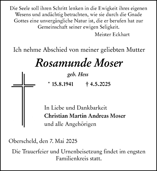 Traueranzeige von Rosamunde Moser von Dill Block