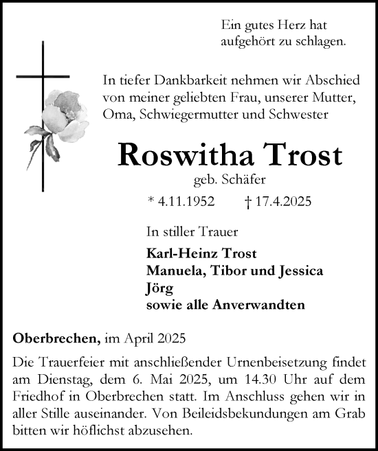 Traueranzeige von Roswitha Trost von Camberger Anzeiger