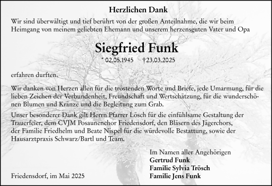 Traueranzeige von Siegfried Funk von Hinterländer Anzeiger