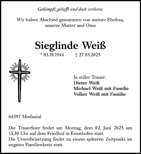 Traueranzeige von Sieglinde Weiß von Darmstädter Echo