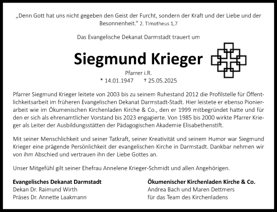 Traueranzeige von Siegmund Krieger von Darmstädter Echo