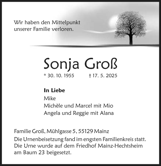 Traueranzeige von Sonja Groß von Allgemeine Zeitung Mainz