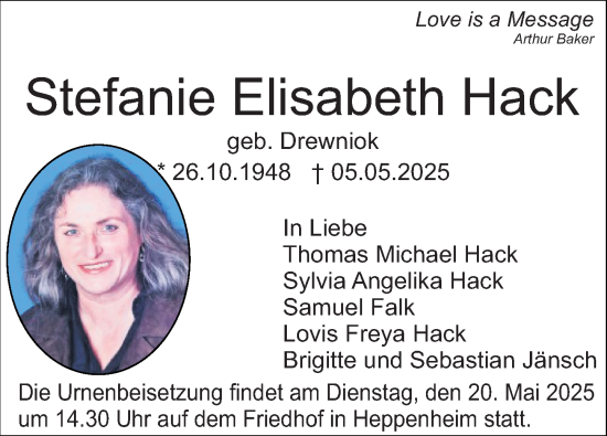 Traueranzeige von Stefanie Elisabeth Hack von Starkenburger Echo