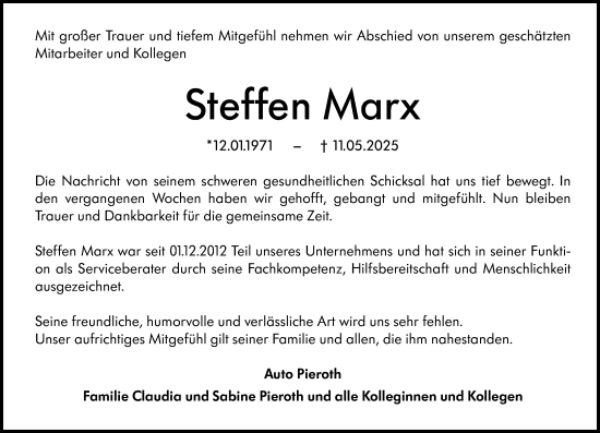 Traueranzeige von Steffen Marx von Alzeyer Wochenblatt