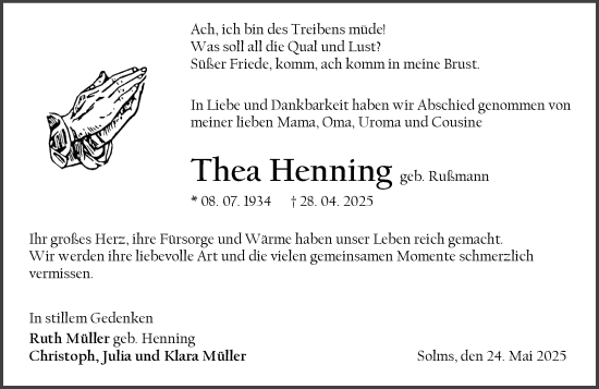 Traueranzeige von Thea Henning von Wetzlarer Neue Zeitung