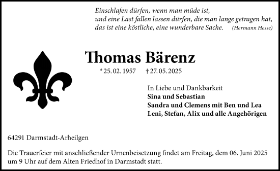 Traueranzeige von Thomas Bärenz von Darmstädter Echo