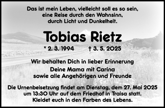 Traueranzeige von Tobias Rietz von Darmstädter Echo