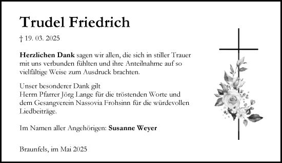 Traueranzeige von Trudel Friedrich von Wetzlarer Neue Zeitung