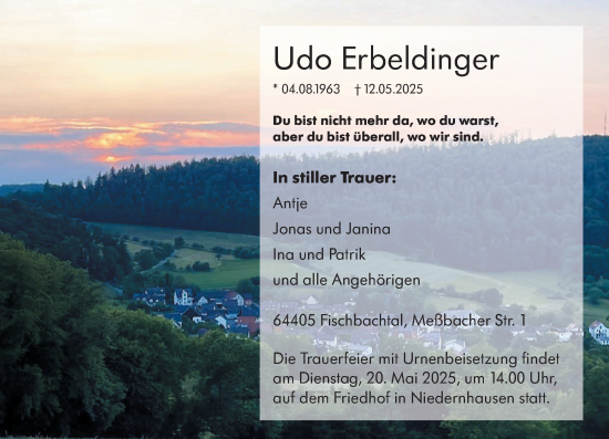 Traueranzeige von Udo Erbeldinger von Darmstädter Echo