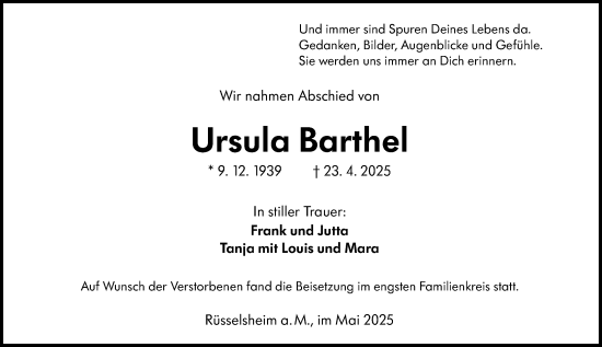 Traueranzeige von Ursula Barthel von Rüsselsheimer Echo