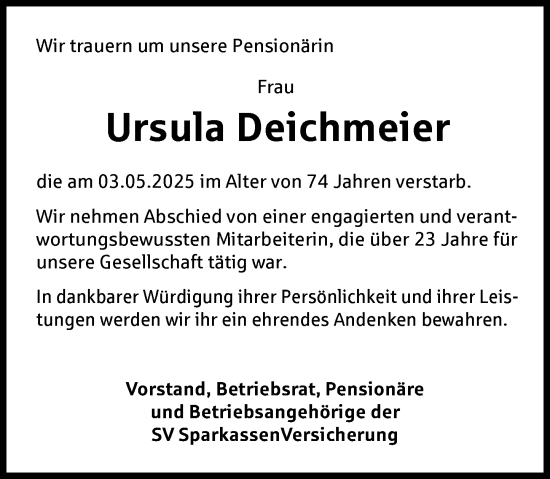 Traueranzeige von Ursula Deichmeier von Wiesbadener Kurier