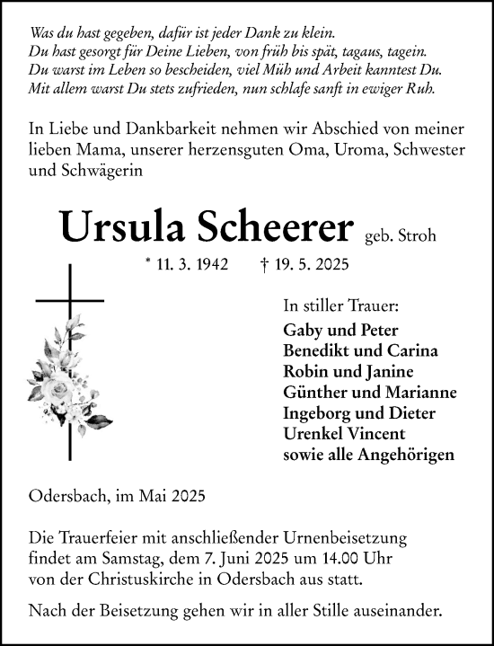 Traueranzeige von Ursula Scheerer von Weilburger Tageblatt