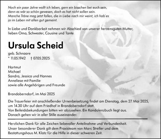 Traueranzeige von Ursula Scheid von Wetzlarer Neue Zeitung
