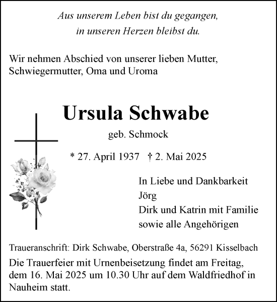 Traueranzeige von Ursula Schwabe von Rüsselsheimer Echo