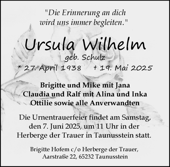 Traueranzeige von Ursula Wilhelm von Idsteiner Land/Untertaunus
