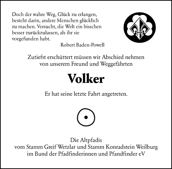Traueranzeige von Volker  von Weilburger Tageblatt