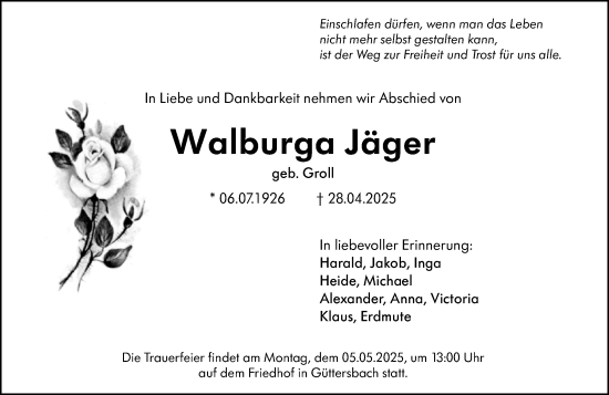 Traueranzeige von Walburga Jäger von Odenwälder Echo