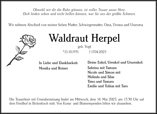 Traueranzeige von Waldraut Herpel von Darmstädter Echo
