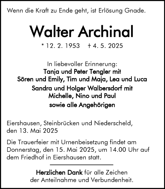 Traueranzeige von Walter Archinal von Dill Block