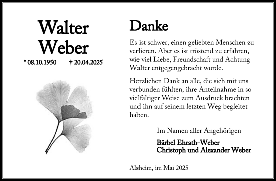 Traueranzeige von Walter Weber von Wormser Zeitung