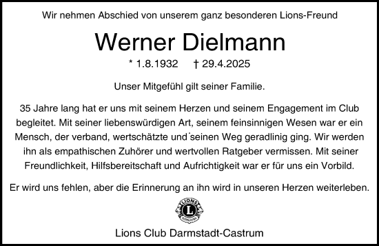 Traueranzeige von Werner Dielmann von Darmstädter Echo
