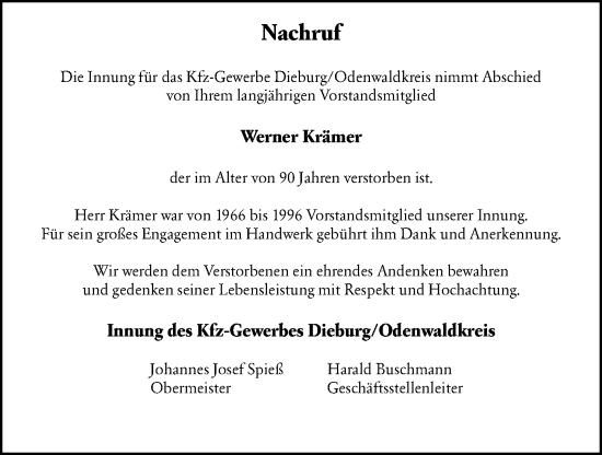 Traueranzeige von Werner Krämer von Odenwälder Echo