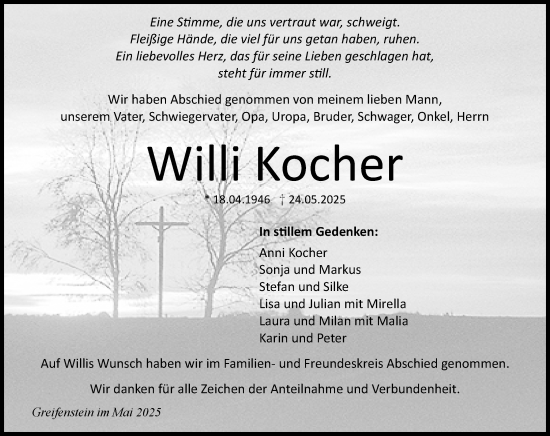 Traueranzeige von Willi Kocher von Wetzlarer Neue Zeitung