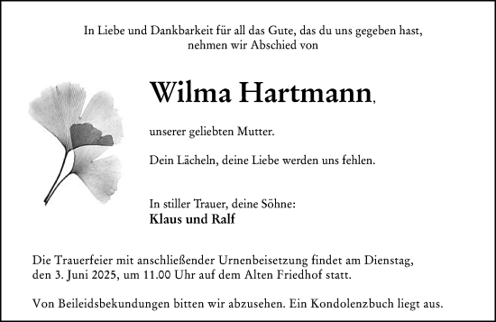 Traueranzeige von Wilma Hartmann von Hochheimer Zeitung