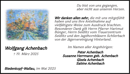 Traueranzeige von Wolfgang Achenbach von Hinterländer Anzeiger