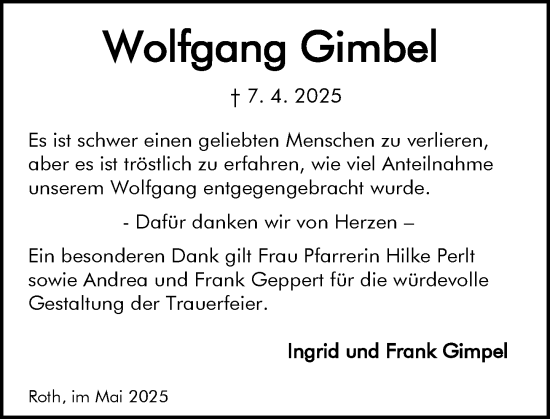 Traueranzeige von Wolfgang Gimbel von Hinterländer Anzeiger