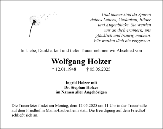 Traueranzeige von Wolfgang Holzer von Allgemeine Zeitung Mainz