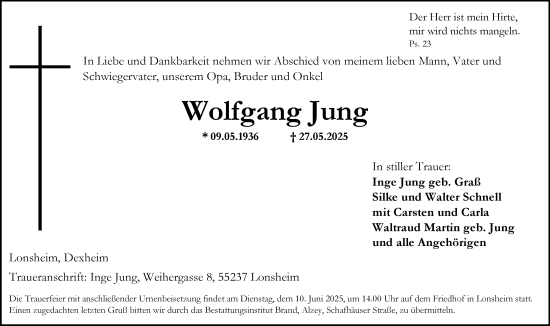 Traueranzeige von Wolfgang Jung von Allgemeine Zeitung Alzey