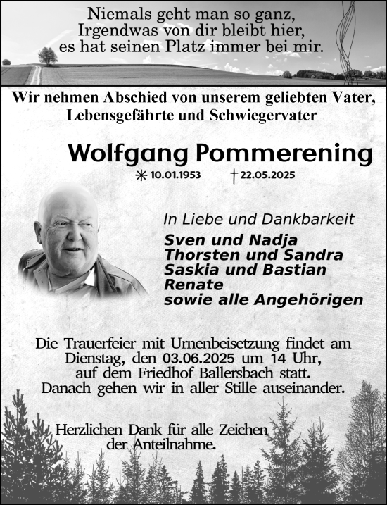 Traueranzeige von Wolfgang Pommerening von Dill Block