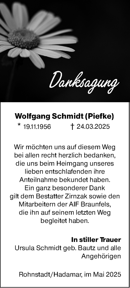 Traueranzeige von Wolfgang Schmidt von Weilburger Tageblatt