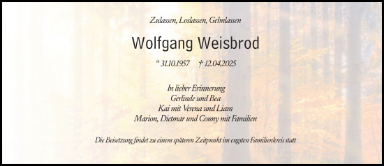 Traueranzeige von Wolfgang Weisbrod von Odenwälder Echo