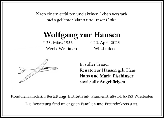 Traueranzeige von Wolfgang zur Hausen von Wiesbadener Kurier