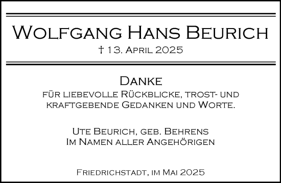 Traueranzeige von Wolfgang Hans Beurich von Wiesbadener Kurier