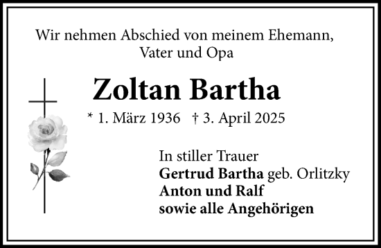 Traueranzeige von Zoltan Bartha von Wiesbadener Kurier